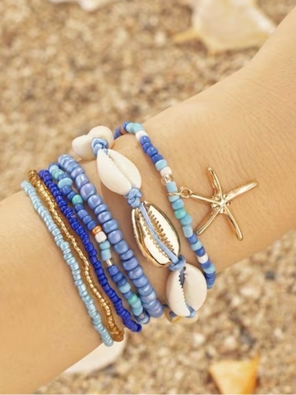 Blue Beaded Shell Wrap Bracelet with Gold Starfish Charm - Picture 2 of 2